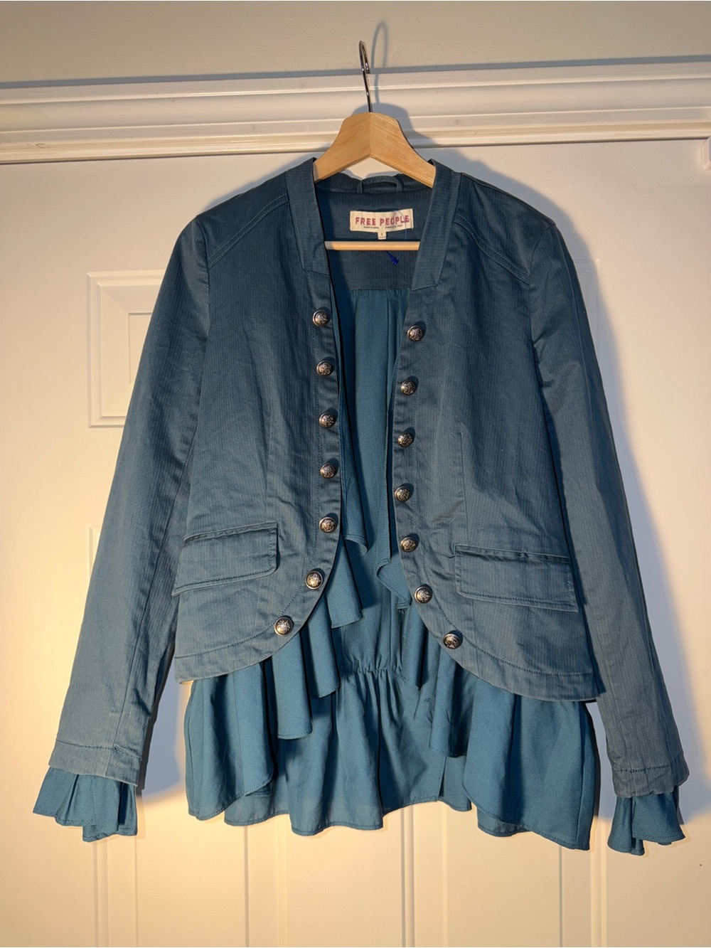 Free People Women's Teal Military Button Open Front Jacket. Sz S - Picture 2 of 7